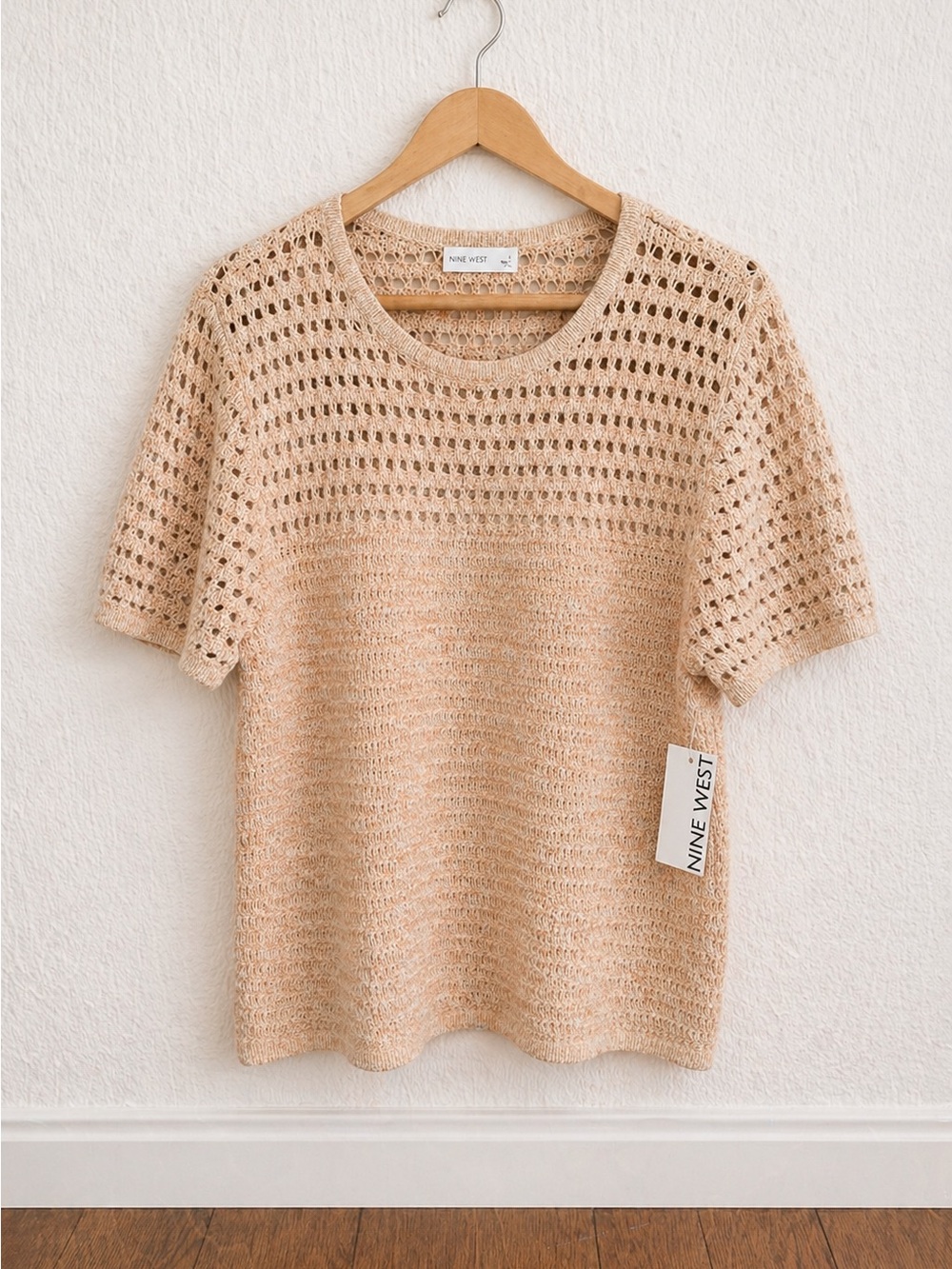 NWT Nine West Crochet Knit Top Short Sleeve Neutral Boho Sweater